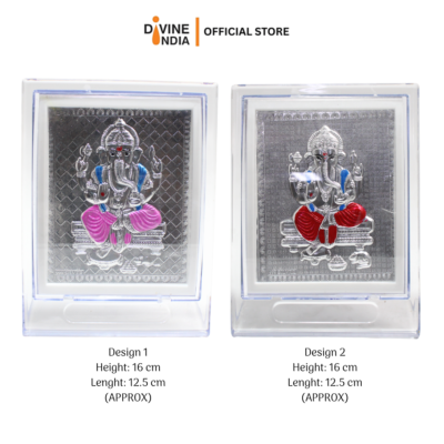 Ganesha Silver Finish Mix Color Stand Photo Decorative Showpiece for Car Dashboard | Mandir | Home | Office | Vinayagar