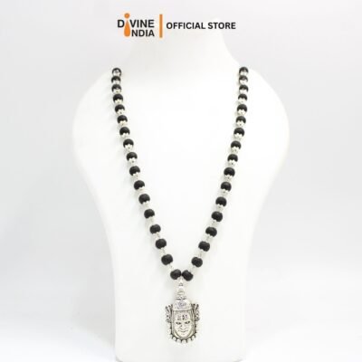 Mahakal German Silver Pendant Karungali Malai | Ebony Wood 8 MM Beads Necklace | Mahakal Karungali Malai