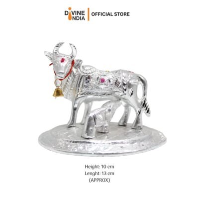White Metal Kamdhenu Cow & Calf Showpiece Figurine