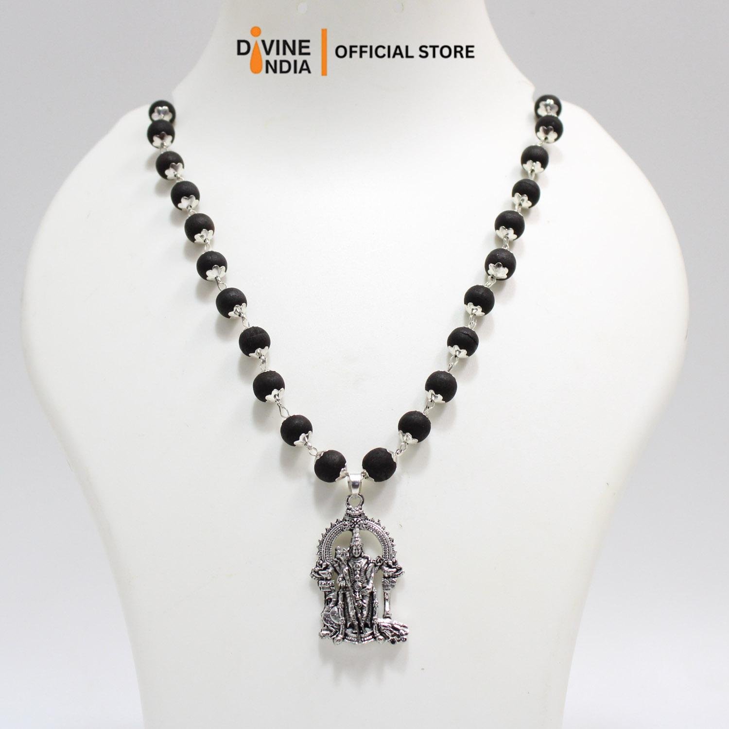 Murugan German Silver Pendant Karungali Malai | Ebony Wood 8MM Beads Necklace | Karungali Necklaces | Om Karungali Malai