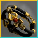 Original Brass Leather Premium Rudraksha Trishul / Trisulam Bracelet - Free Size