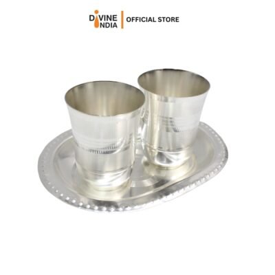 German Silver Glass Set of 2 with Tray | Juice, Water, Beverages Serving Set | Tableware Set | Perfect Diwali, Office, Wedding Return Gift Item