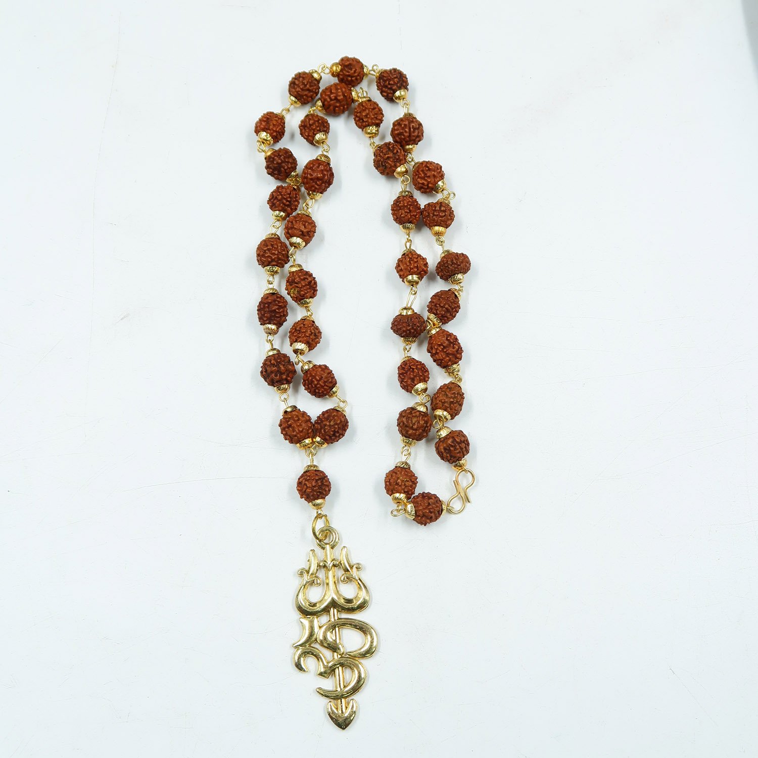 5 Face Rudraksha Mala / Malai with Golden Trisulam OM Pendant Pendant - (Unisex) - Image 3
