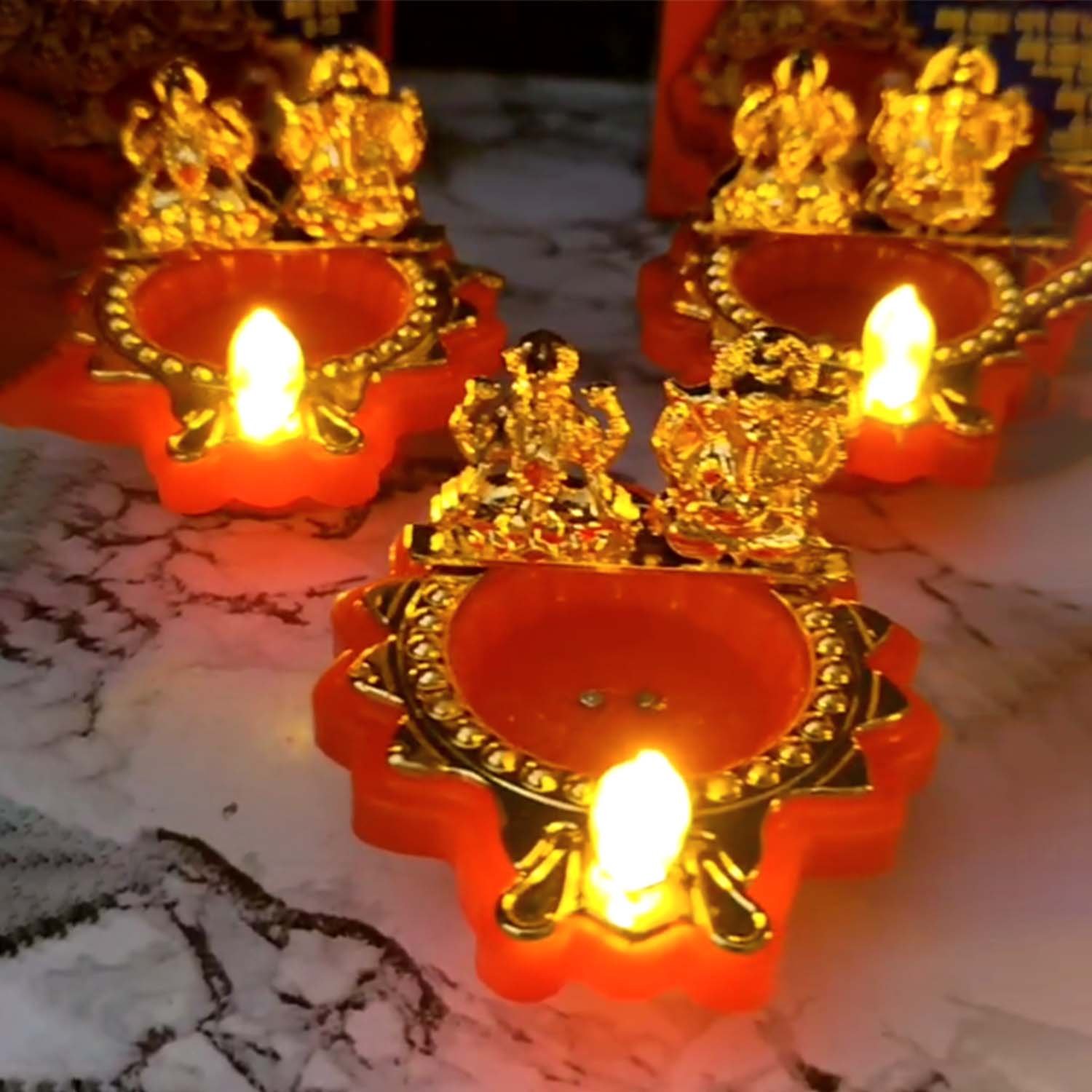 Water Sensor Diya Set Lakshmi Ganesha Design | LED Villaku Set I Battery Operated (1 pc) - Image 3
