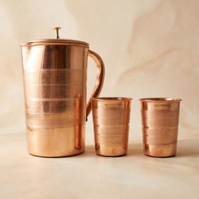 Copper Jug with 2 Glass Set - Copper Lemon Set. Copper Jug With Lid And Handle, Two Matching Copper Glasses 2L