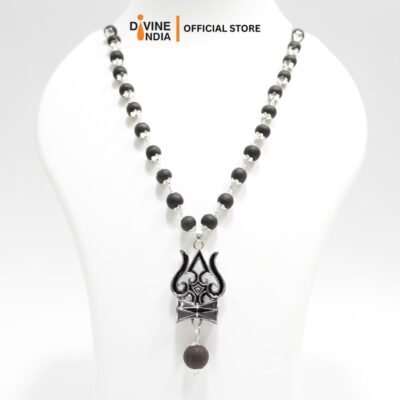Trisul German Silver Pendant Karungali Malai | Ebony Wood 8 MM Beads Necklace | Karungali Necklaces | Trisul Karungali Malai