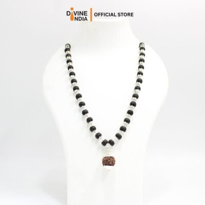 5 Face Rudraksha German Silver Pendant Karungali Malai Necklace with Ebony Wood 8 MM Beads