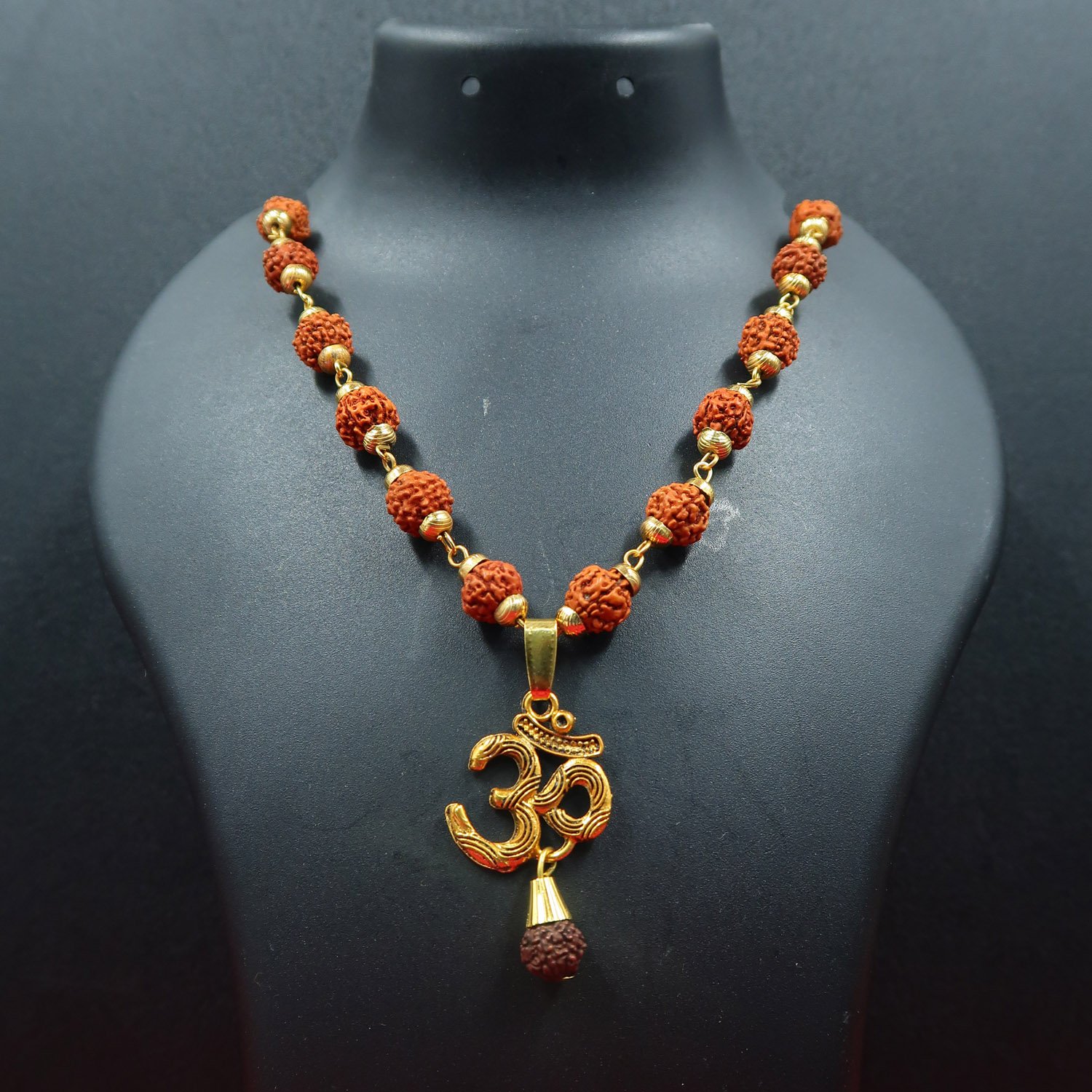 5 Face Rudraksha Mala / Malai with Golden Trisulam OM Pendant Pendant - (Unisex) - Image 4