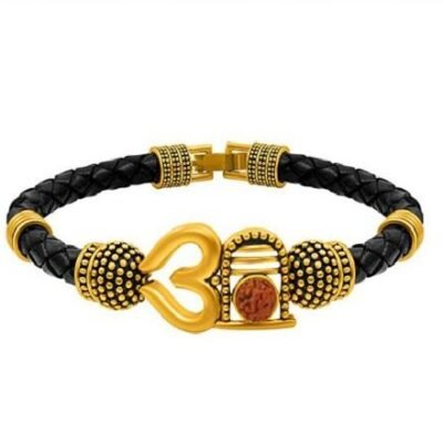 Premium Shiva Lingam Brass Rudraksha Bracelet with Leather Strap