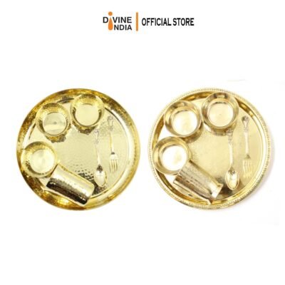 Brass Designer Dinner Thali Set, Dinnerware & Serveware 7 Pieces | Royal Dinner Set 12 Inch