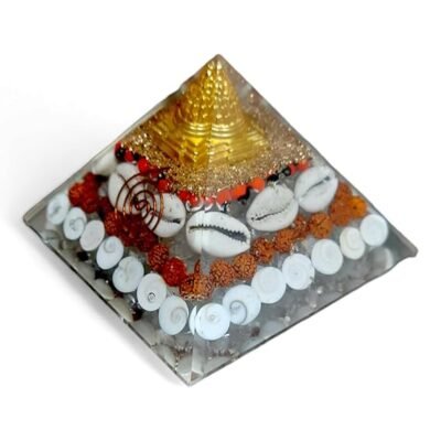 Orgone Gomti Chakra Shree Yantra Pyramid with Red & White Chirmi Seeds Rudraksha and Kauri for Wealth, Prosperity, Success (Mahalaxmi Pyramid)