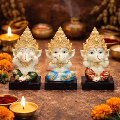 Ganesha Statue By Resin for Pooja Gift Showpiece Vastu, Home Decor, Car | Ganpati | Vinayagar Silai Set of 3