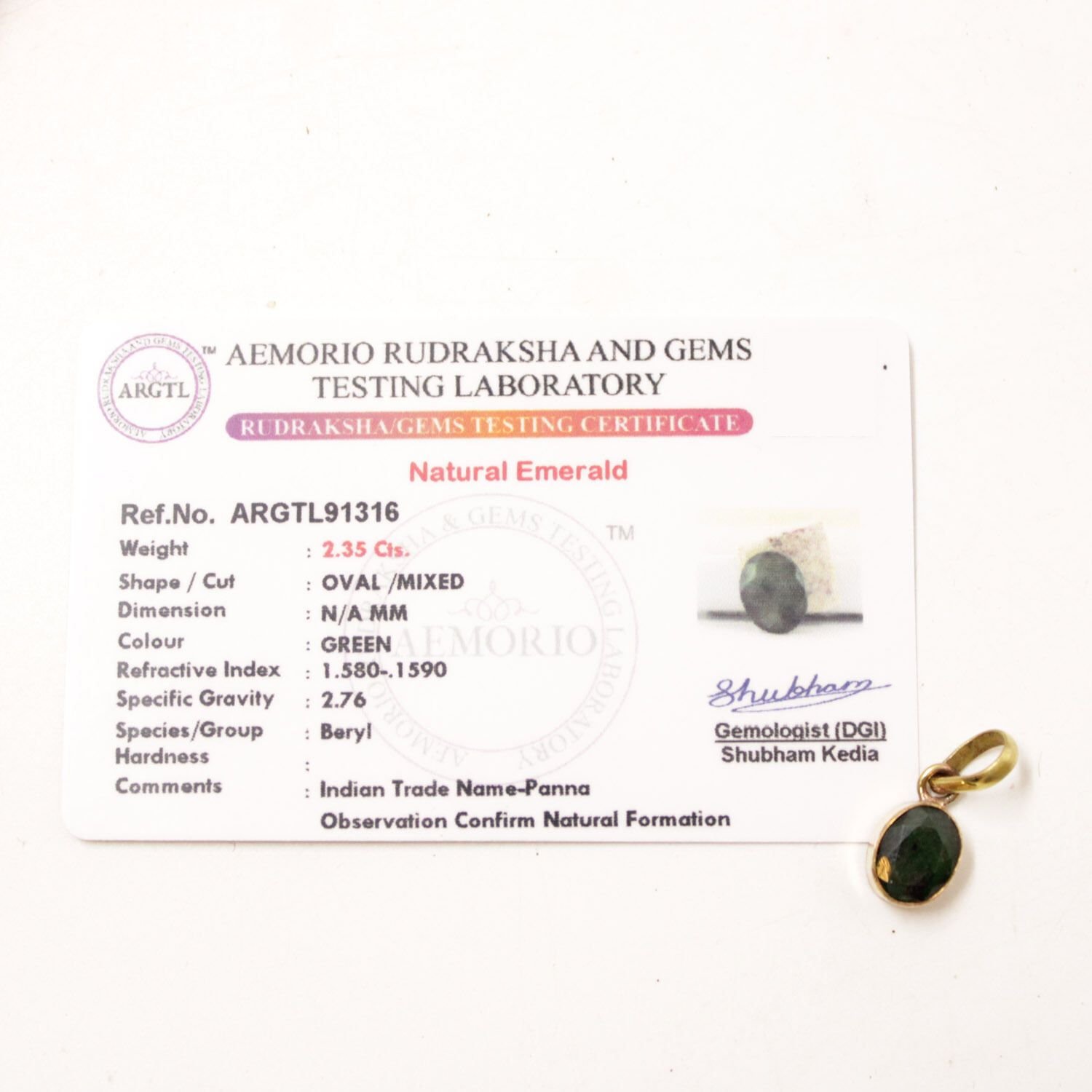Panna | Certifed Natural Emerald Stone | Panna Green stone Pendant in 5 Metals - Zamrud
