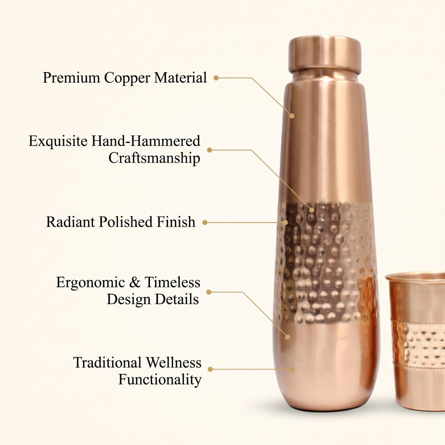 Pure Copper Moksha Dual Hammered Drinking Bottle with 2 Glass Set - Copper Bottle Gift Set - 1L - Image 3