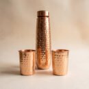 Pure Copper Moksha Full Hammered Drinking Bottle with 2 Glass Set - Copper Bottle Gift Set - 1L