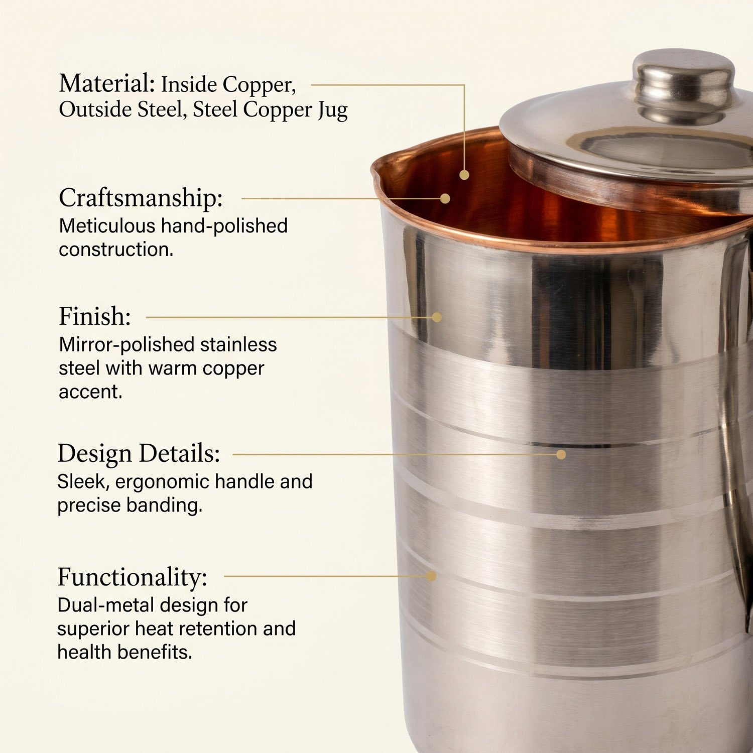 Steel Copper Jug with Glass Set - Copper Lemon Set - 2L - Image 5