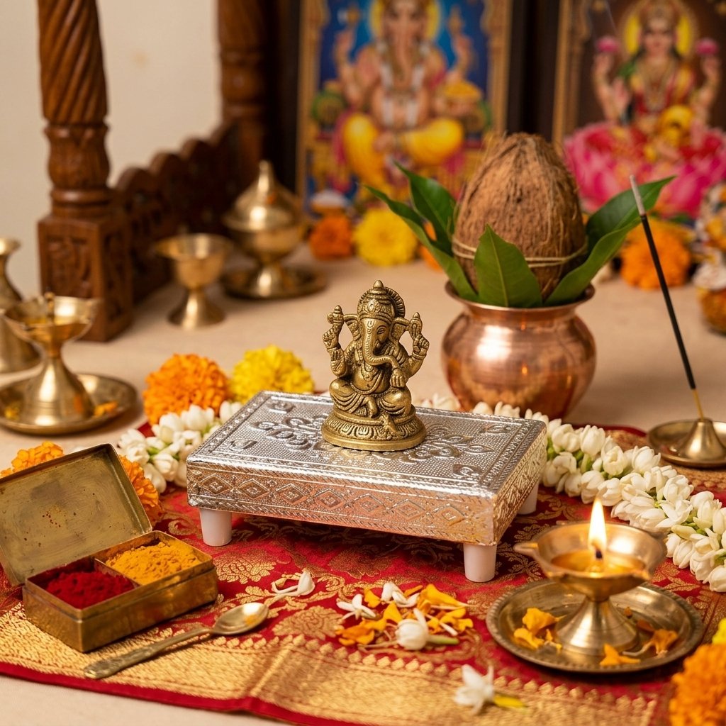Silver Meenakari MDF Pooja Chowki | Aluminium Foil Silver Plated Chowki | Kolam Manai | All Purpose Stand | 1 Peice