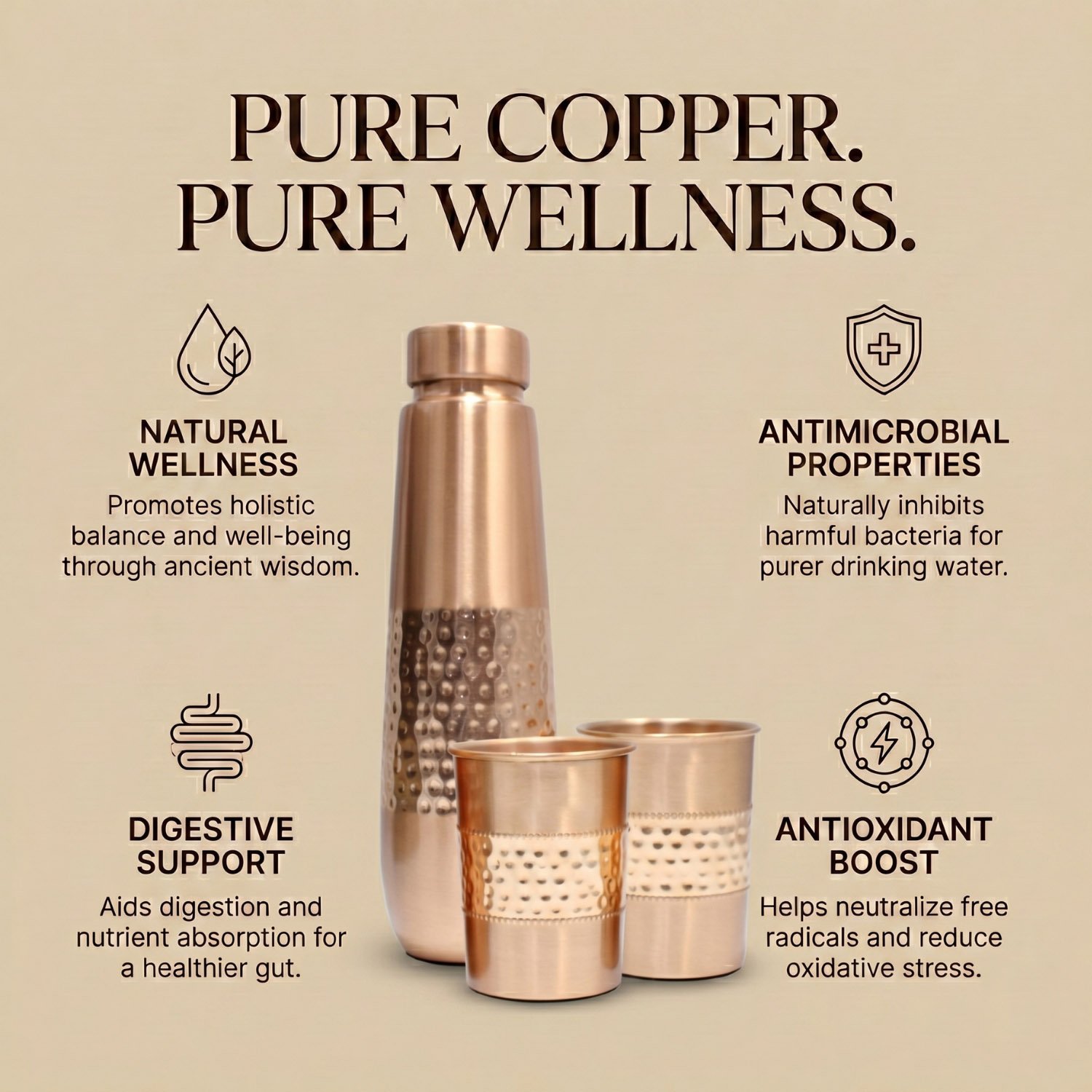 Pure Copper Moksha Dual Hammered Drinking Bottle with 2 Glass Set - Copper Bottle Gift Set - 1L - Image 2