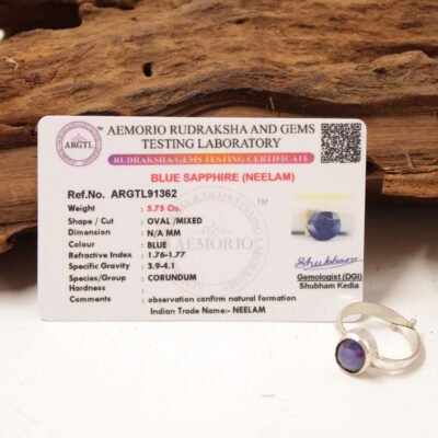Neelam | Certifed Blue Sapphire Stone | Neelam stone Ring in 925 Silver - Nilam biru Adjustable Ring Free Size