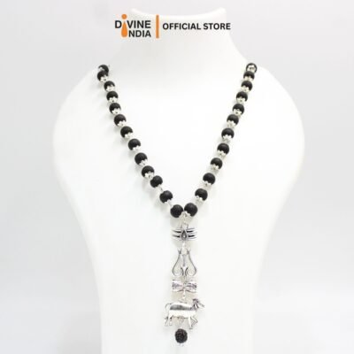 Trisul Nandi German Silver Pendant Karungali Malai | Ebony Wood 8 MM Beads Necklace | Trisul Nandi Karungali Malai