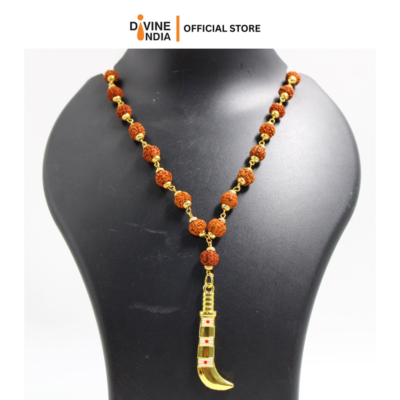 Mix Metal Knife karupasamy Aruva Pendant With 5 Face Rudraksha Mala Unisex