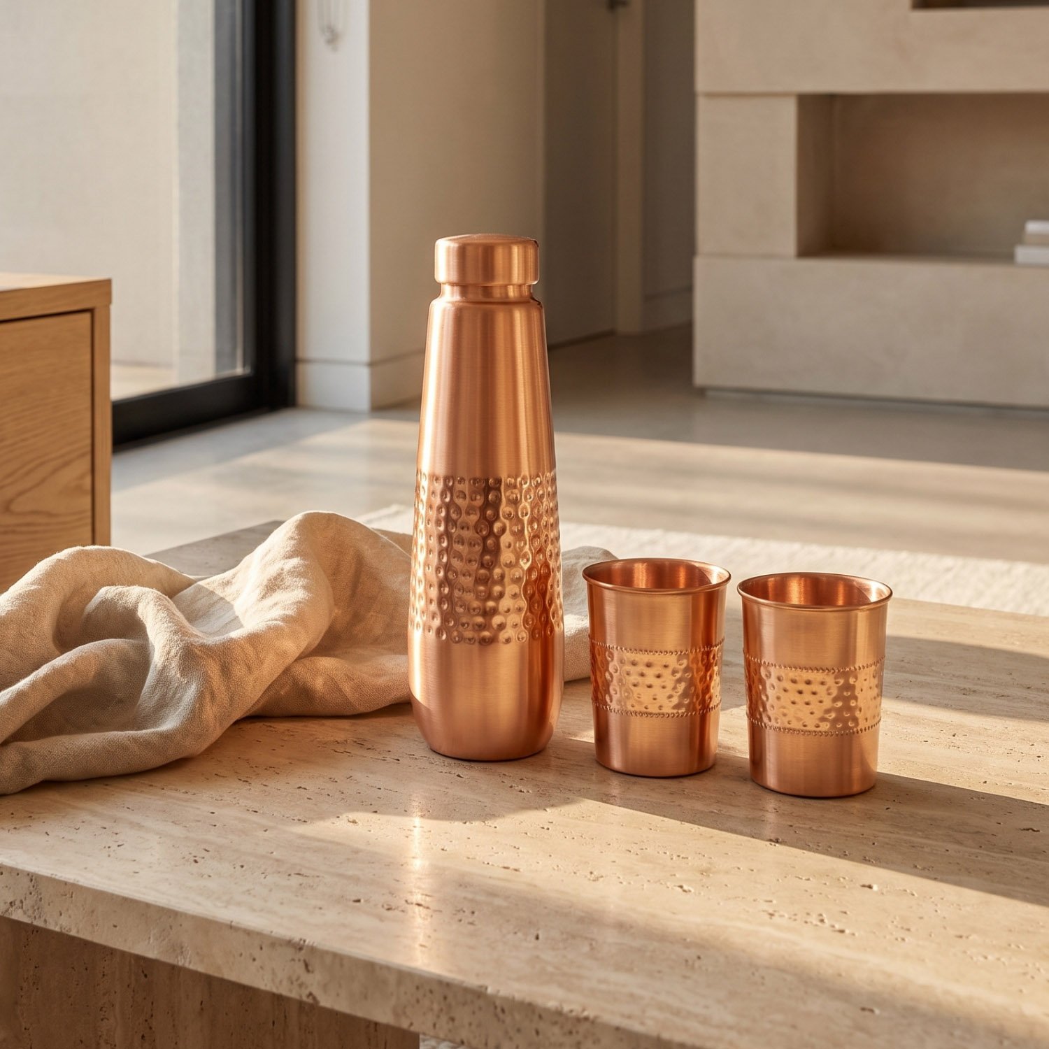 Pure Copper Moksha Dual Hammered Drinking Bottle with 2 Glass Set - Copper Bottle Gift Set - 1L - Image 4