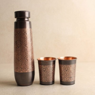 Pure Copper Etching Drinking Bottle with 2 Glass Set - Copper Bottle Gift Set 1L