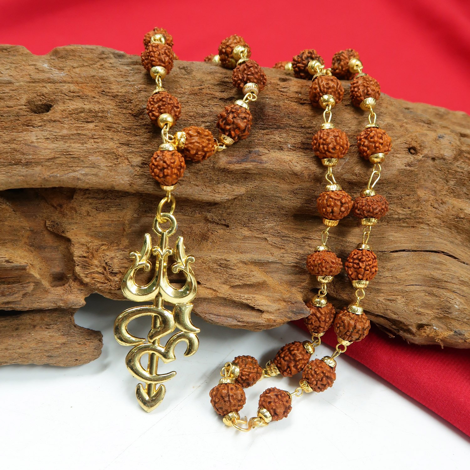 5 Face Rudraksha Mala / Malai with Golden Trisulam OM Pendant Pendant - (Unisex) - Image 2