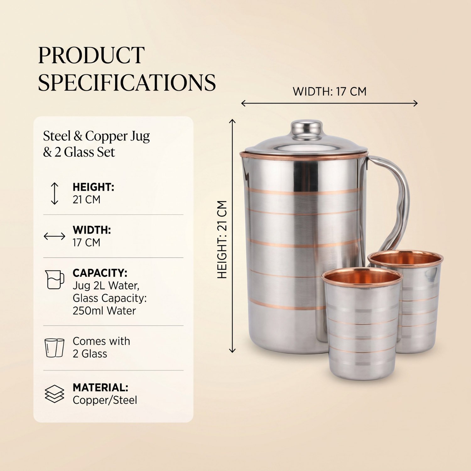 Steel Copper Jug with Glass Set - Copper Lemon Set - 2L - Image 2
