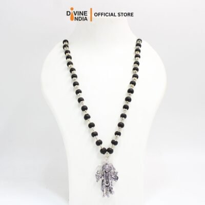 Panchmukhi Hanuman German Silver Pendant Karungali Malai | Ebony Wood 8 MM Beads Necklace | Hanuman Karungali Malai