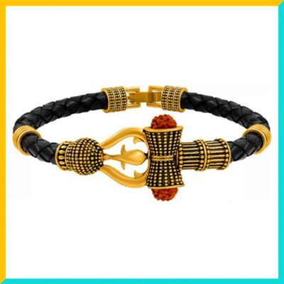 Premium OM Rudraksha Brass Bracelet with Leather Strap - Free Size