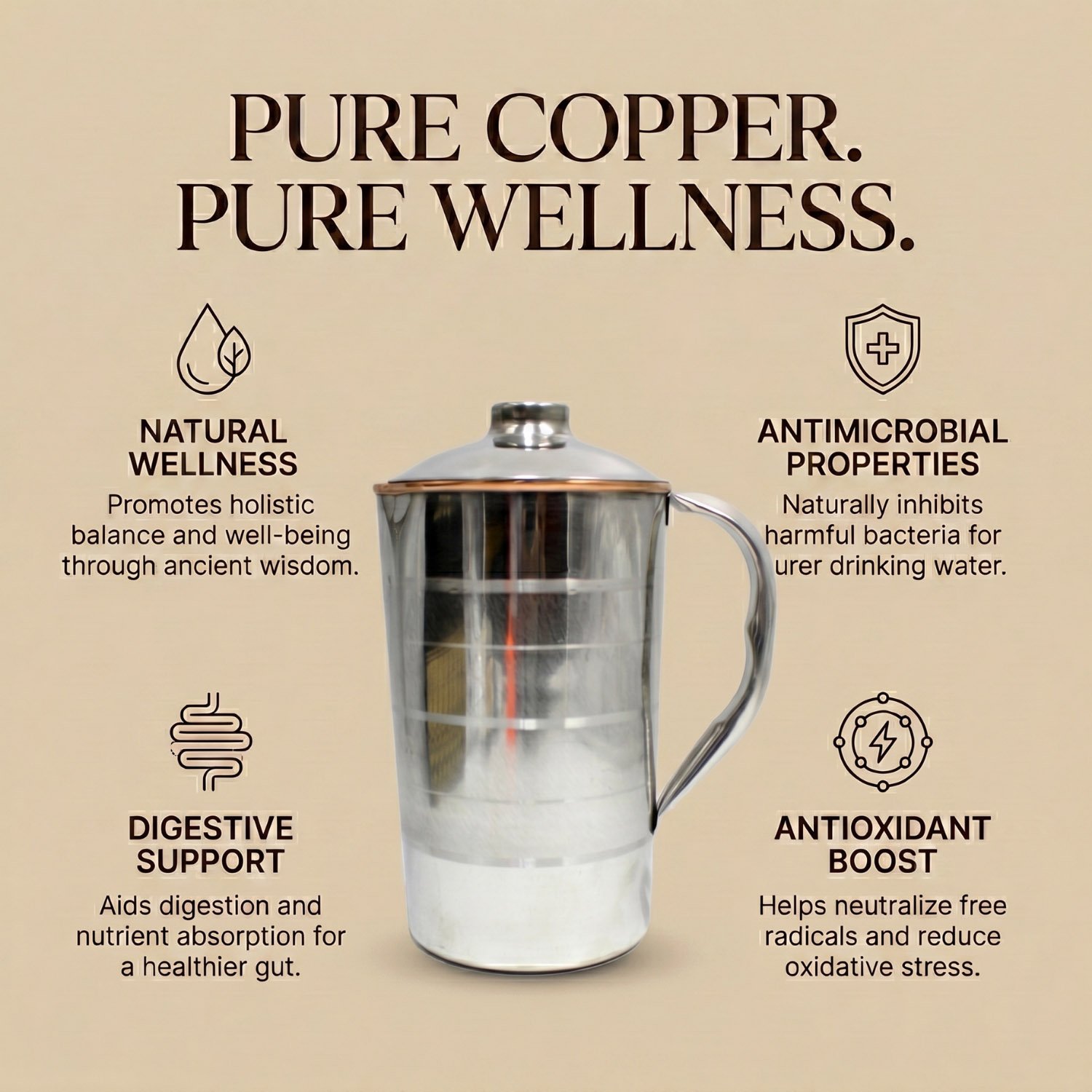 Steel Copper Jug with Glass Set - Copper Lemon Set - 2L - Image 4