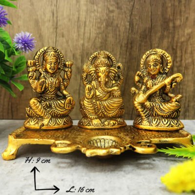 Antique Oxidized Metal Ganesh Lakshmi Saraswathi Vilakku