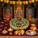 Silver Golden Meenakari MDF Circle Pooja Chowki | Aluminium Foil Silver Golden Plated Chowki| All Purpose Stand| 1 Peice