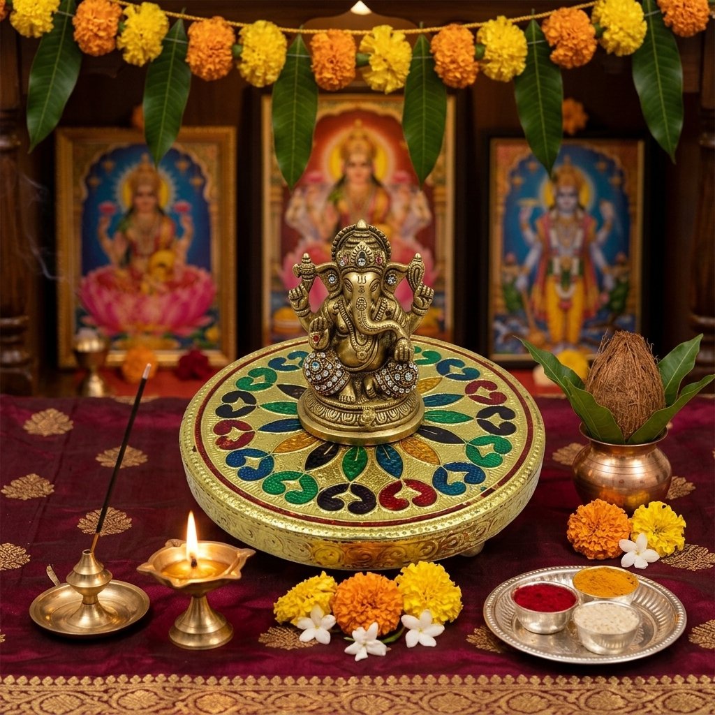 Silver Golden Meenakari MDF Circle Pooja Chowki | Aluminium Foil Silver Golden Plated Chowki| All Purpose Stand| 1 Peice