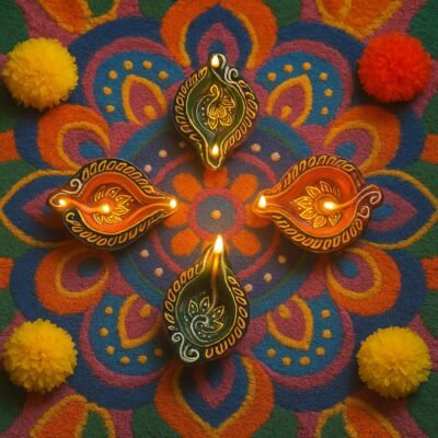 Handmade Deepavali | Festival Terracota Villaku / Oil Lamp / Diya Set - Deepavali Deco Random Multi Color