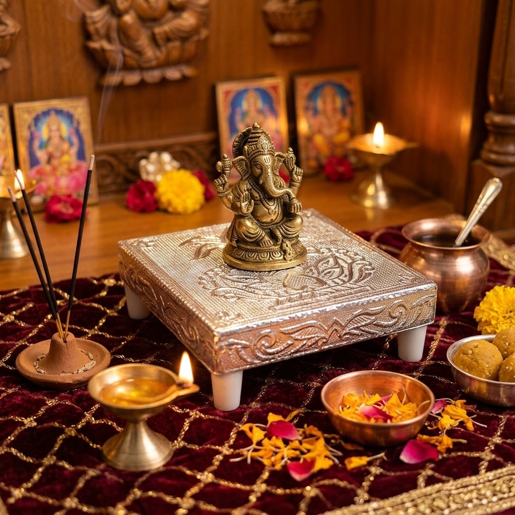 Silver Meenakari MDF Square Pooja Chowki | Aluminium Foil Silver Plated Chowki | Kolam Manai | All Purpose Stand | 1 Peice