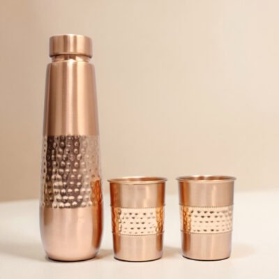 Pure Copper Moksha Dual Hammered Drinking Bottle with 2 Glass Set - Copper Bottle Gift Set - 1L