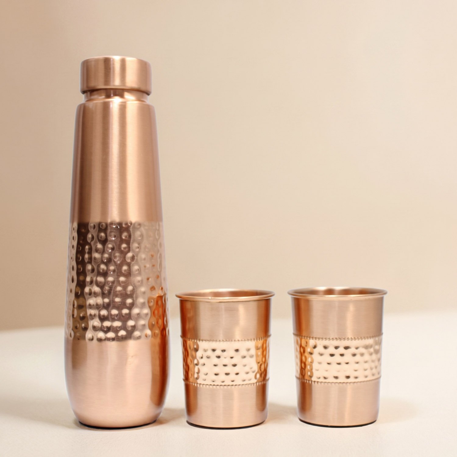 Pure Copper Moksha Dual Hammered Drinking Bottle with 2 Glass Set - Copper Bottle Gift Set - 1L