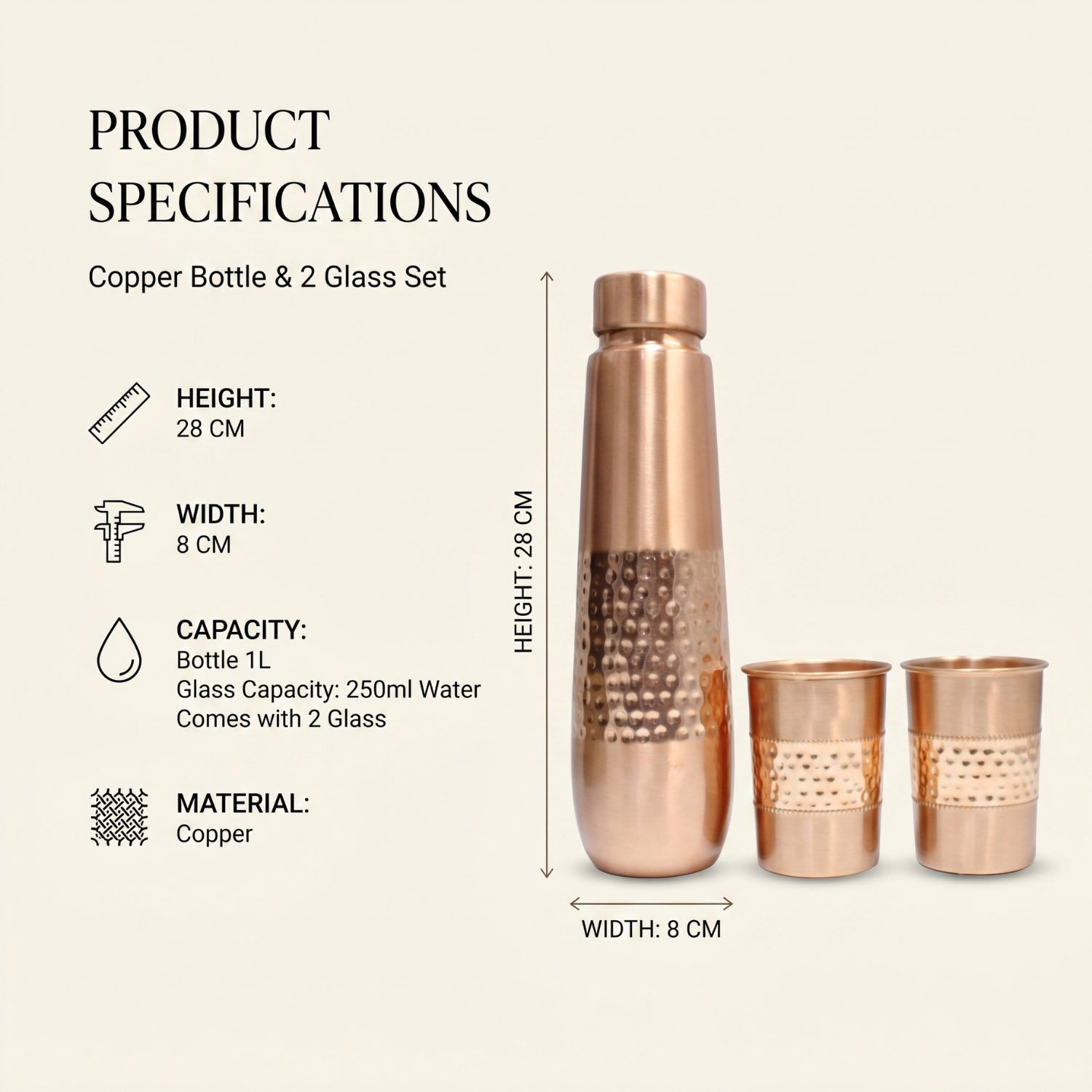Pure Copper Moksha Dual Hammered Drinking Bottle with 2 Glass Set - Copper Bottle Gift Set - 1L - Image 6