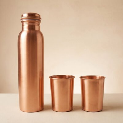 Pure Copper Lacquer Drinking Bottle with 2 Glass Set - Copper Bottle Gift Set - 1L