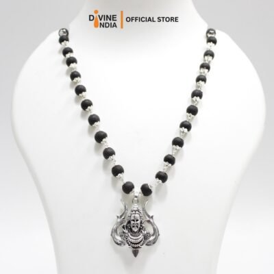 Trisul With Shiva German Silver Pendant Karungali Malai | Ebony Wood 8MM Beads Necklace | Karungali Necklaces | Trisul Karungali Malai