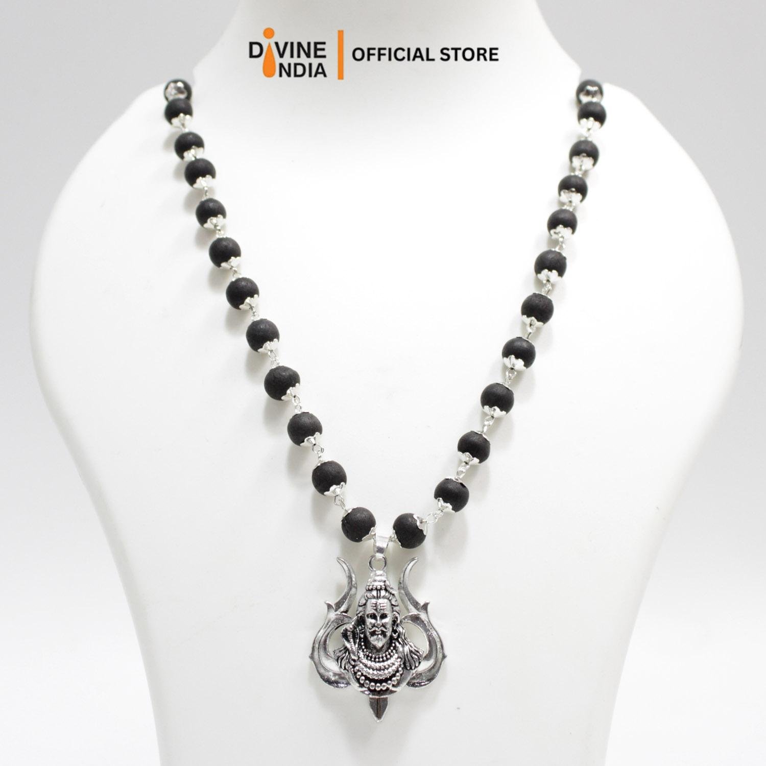 Trisul With Shiva German Silver Pendant Karungali Malai | Ebony Wood 8MM Beads Necklace | Karungali Necklaces | Trisul Karungali Malai