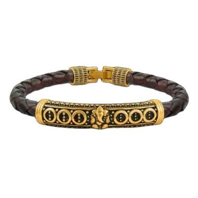 Premium Brass Ganesh Sign Bracelet with Leather Strap - Free Size