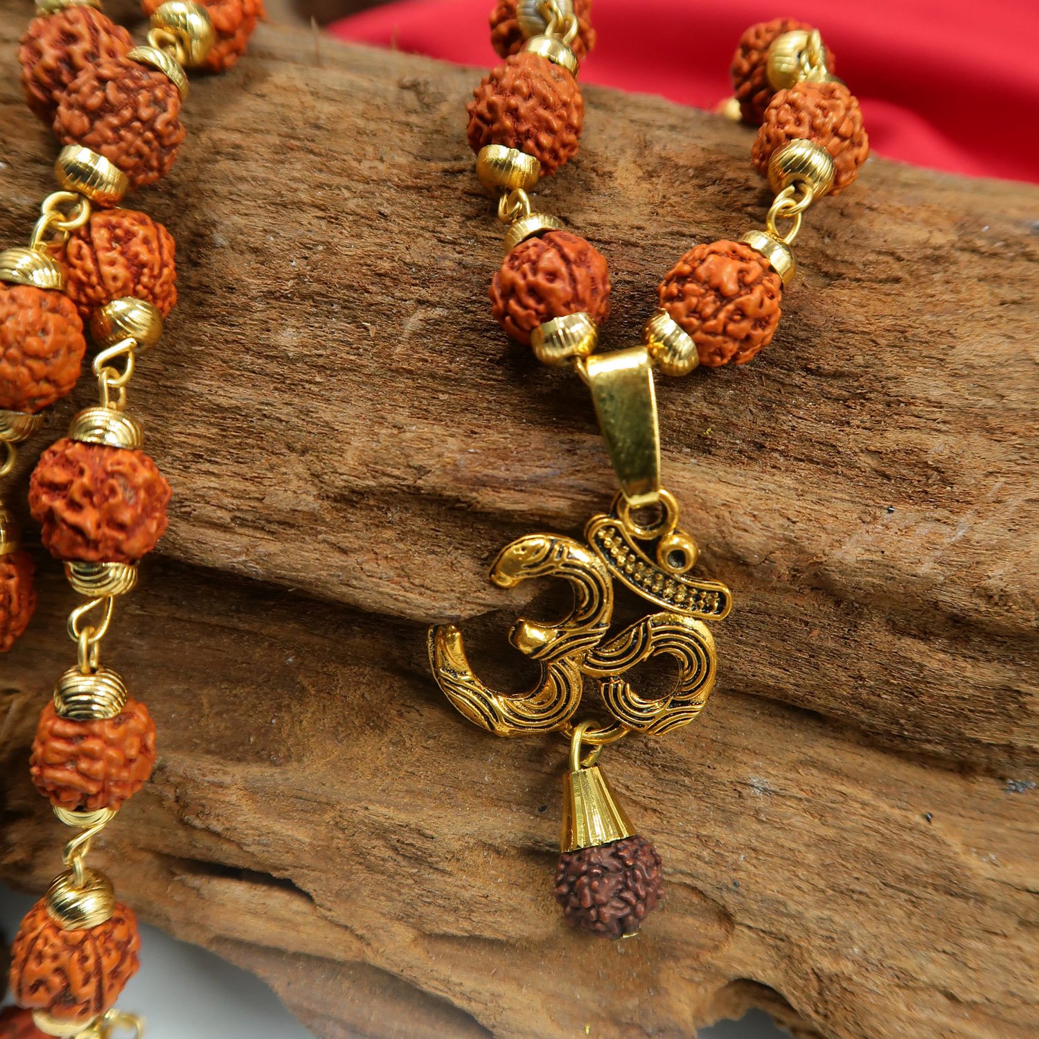 5 Face Rudraksha Mala / Malai with Golden Trisulam OM Pendant Pendant - (Unisex) - Image 6