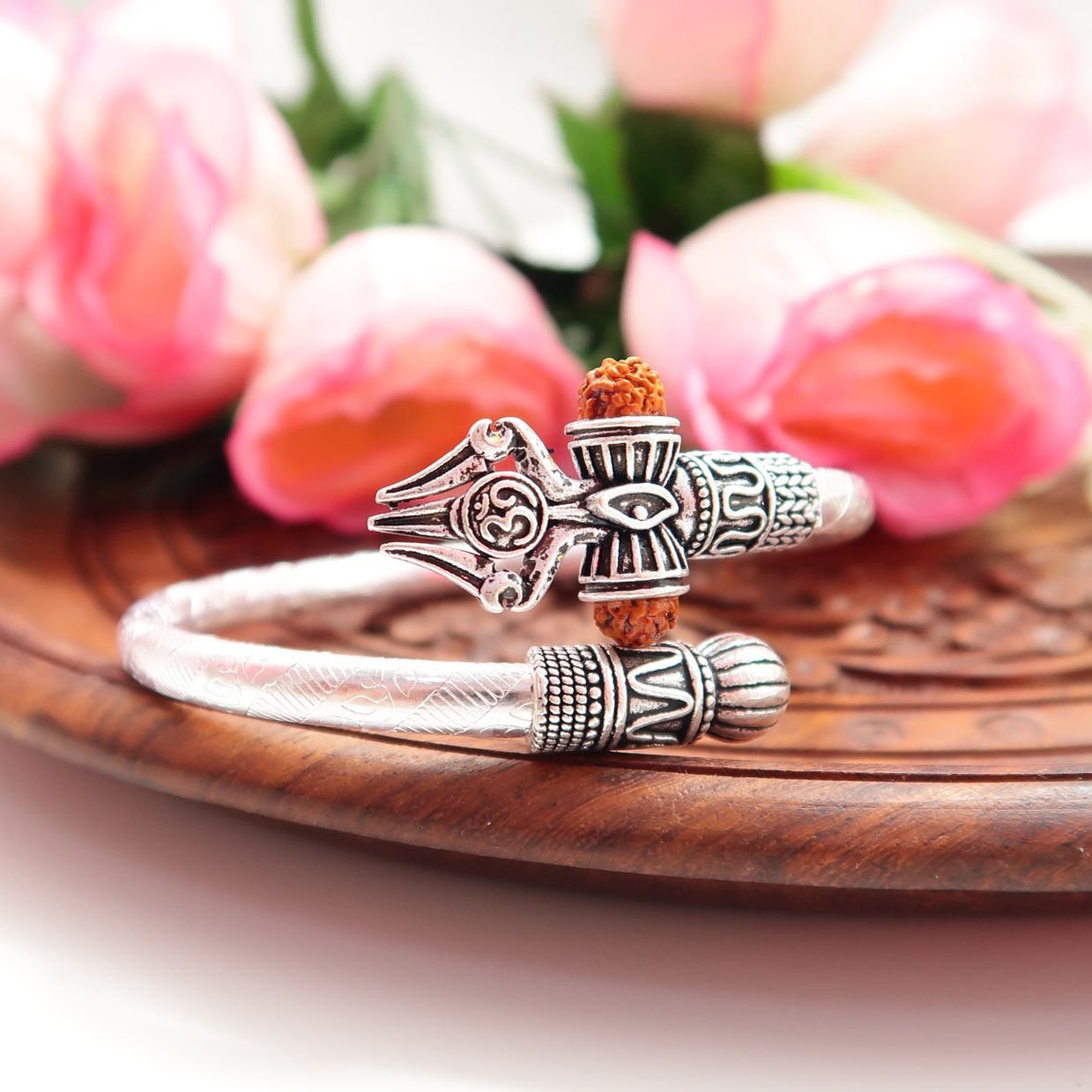 Premium Om Trishul with Rudraksha Brass Adjustable Kada Bracelet | Kappu - Image 7