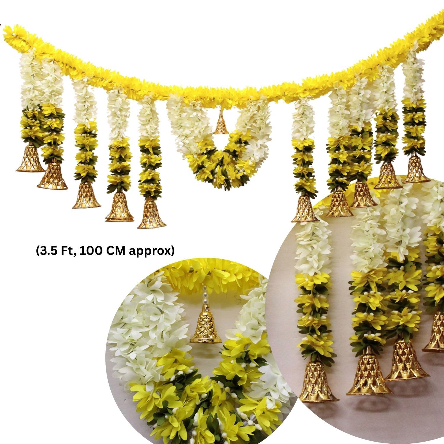 New Indian Flower Thoran Door Hanging | Decorative Floral Entrance Garland with Bell Accents | Festival & Pooja Decor - Image 2