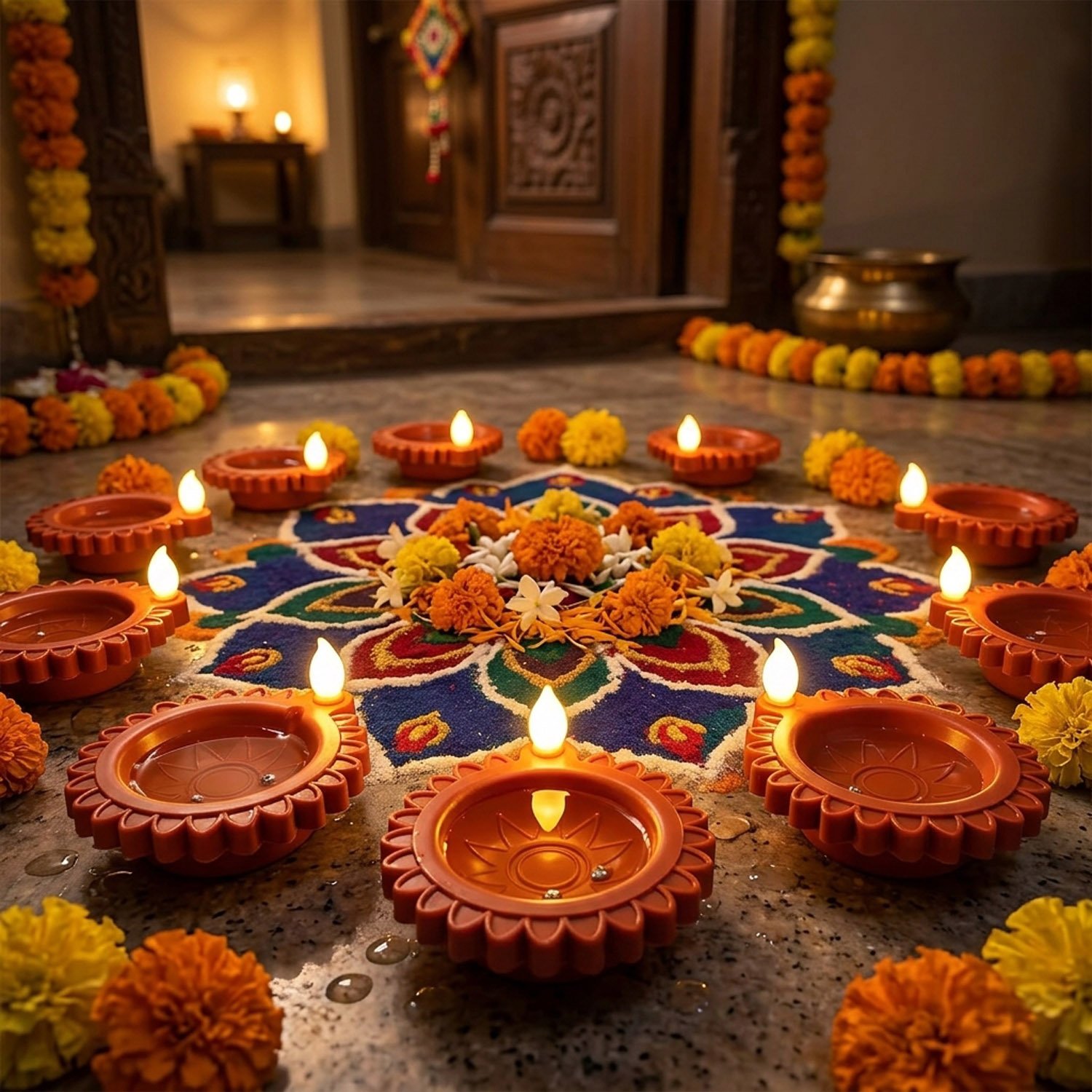 Water Sensor Diya Flower Design 2 | LED Villaku Set I Battery Operated (10 pcs) | Deepavali Festive Decor