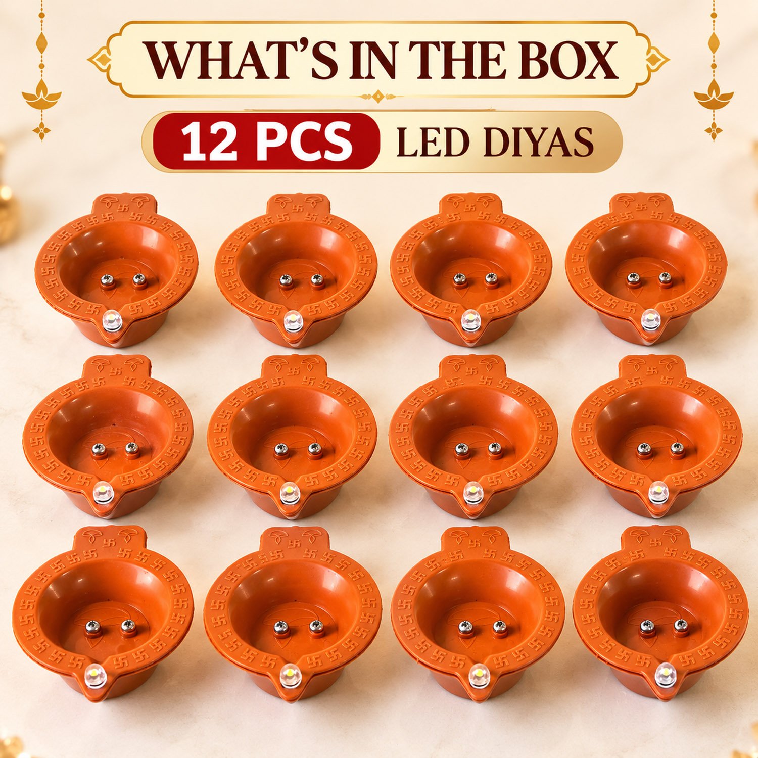 Water Sensor Diya Om Design | LED Villaku Set I Battery Operated (12 pcs) | Deepavali Festive Decor - Image 4