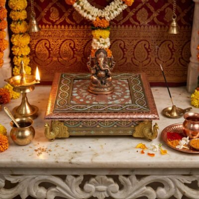 Decorative Meenakari Peacock MDF Square Pooja Chowki | Aluminium Foil Chowki | Kolam Manai | All Purpose Stand | 1 Peice